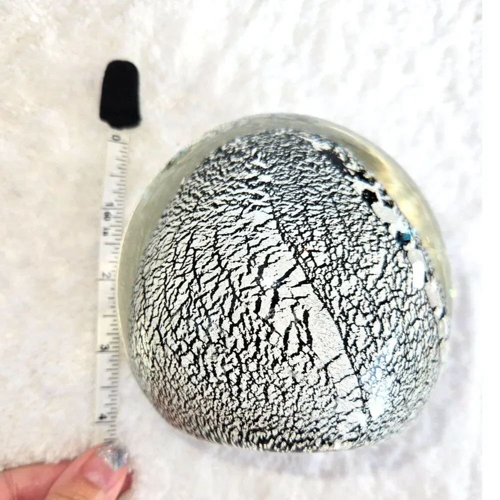 Vintage Art Glass Paperweight Silver Foil Crackle Webbed Egg Orb 4